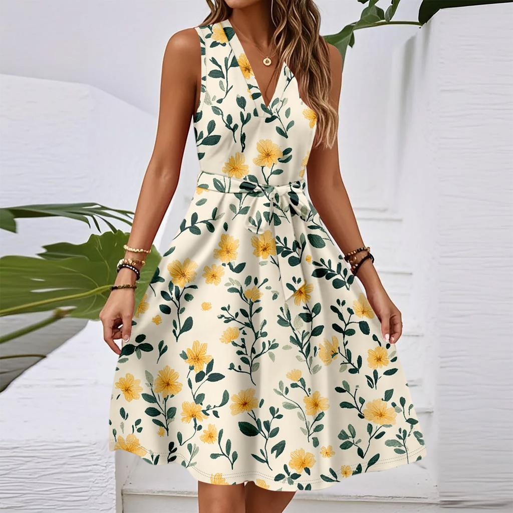 Women's Spring And Summer Casual V-Neck Sleeveless Waist Floral Print Midi Dress