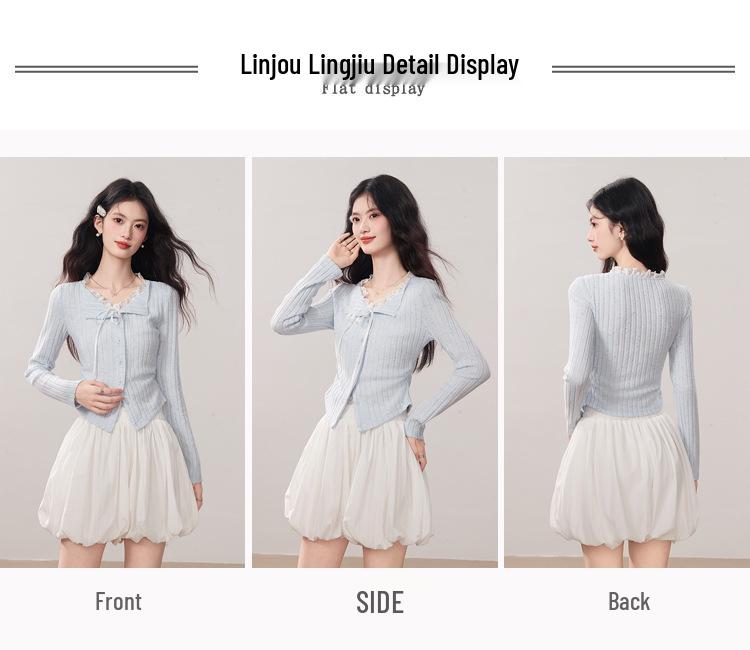 Kumikumi Women's Chic Blue Lace Tie-Up Long Sleeve Autumn Two-Piece Slimming T-Shirt