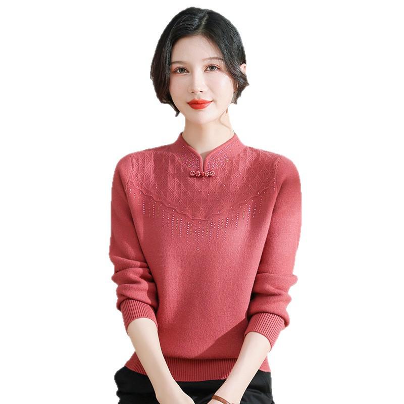 Autumn/Winter Fleece-Lined Knit Base Layer for Middle-Aged & Elderly Women - Half-High Neck, Thickened Fashion Sweater for Mothers