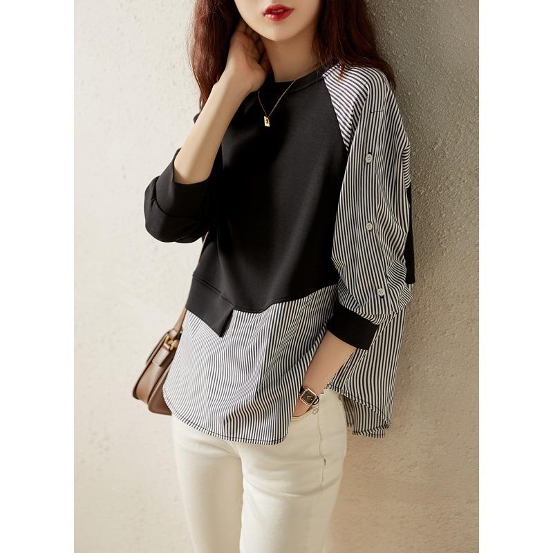 

Модные полосатые лоскутные свободные рубашки с круглым вырезом для женщин весна-осень повседневные блузки-пуловеры женские элегантные приталенные рубашки женская одежда 26594 2XL