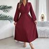 A Line Long Dress Women High Waist Pleated Solid Color V Neck Long Sleeve Spring Summer Fashion