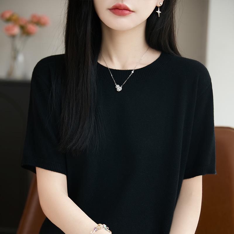 

Женский повседневный свободный свитер-футболка из тонкой шерсти с короткими рукавами и круглым вырезом XL 130-150 jin чёрный