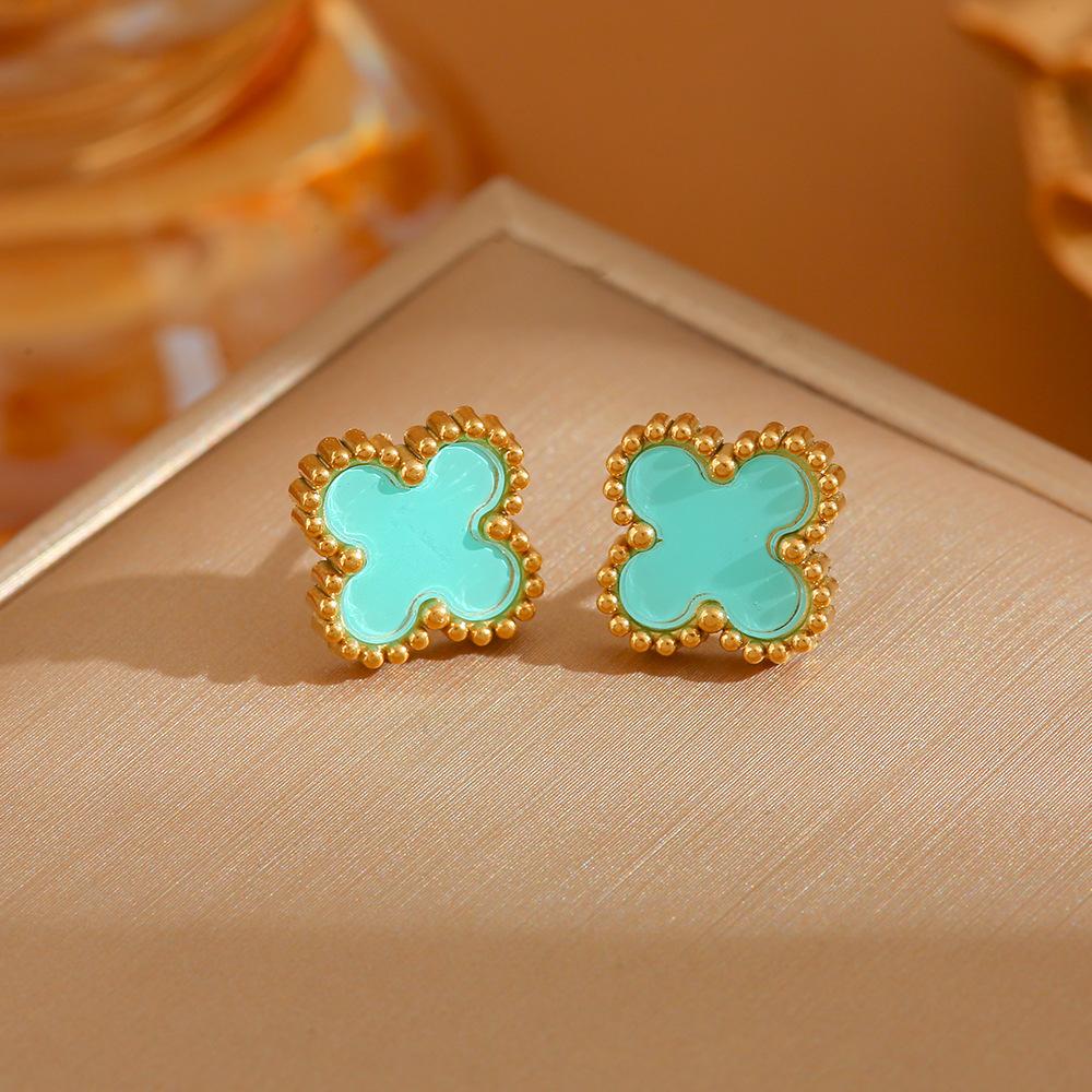 Stunning Four-Leaf Clover Titanium Steel Earrings - Fade-Free, Fashionable, Simple, Versatile, and High-End Mother-of-Pearl Jewelry