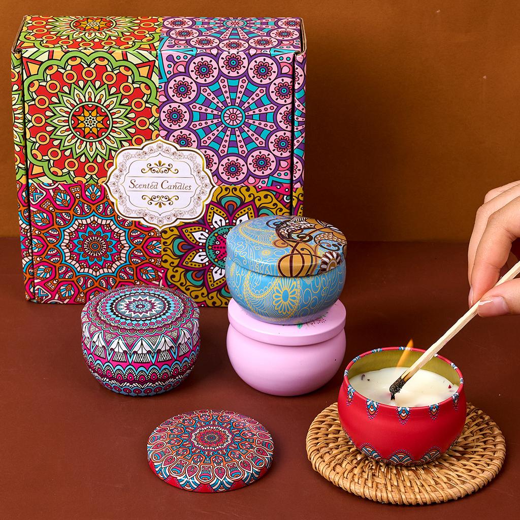 4PCS/Set Scented Candle Box Vintage Flower Rose Lavender Candle Jars Soy Wax Fragrance Candles Wedding Birthday Gift Home Decor