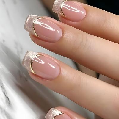 24 STÜCKE Einfache Französische Falsche Nägel mit Kleber Glitzer Goldene Pailletten Designs Kurze Quadratische Falsche Nägel Acryl Tragbare Ballett Nagelkunst