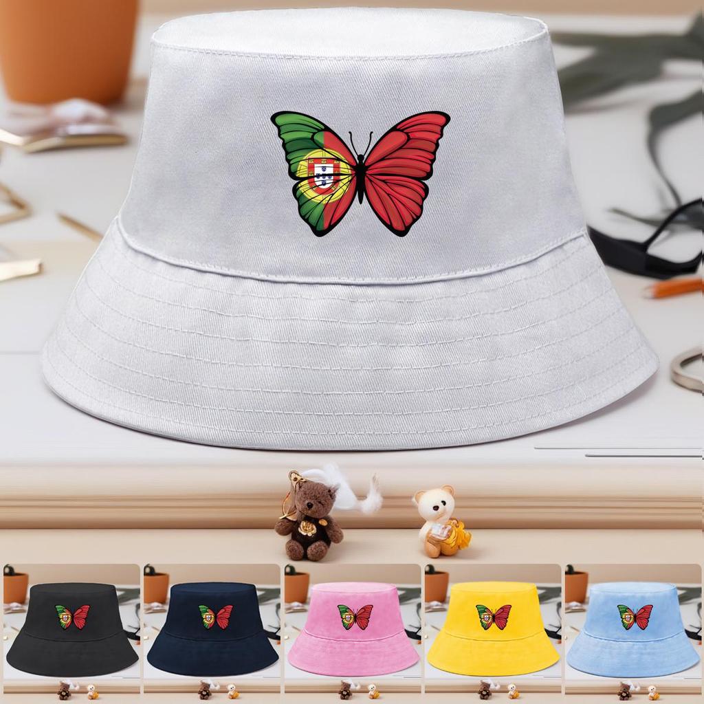 Bucket Hat With Butterfly Flag of Portugal Print , Patriotic Sun Cap Unisex Fashion Solid Color Beach Hat
