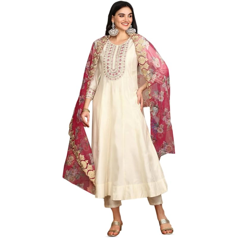 Ishin White Floral Embroidered Thread Work Straight Kurta With Trousers & Dupatta | Kurta Set for Women | Kurta with Tro