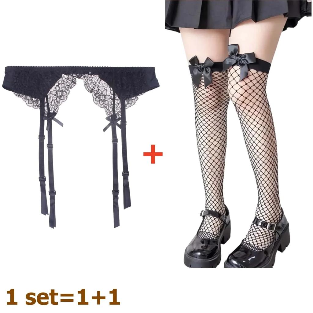 2Pcs Women'S Adjustable Non-Slip Stockings High Waist Garter Belt Plus Size Sock Set Lace Mesh Suspender One-Piece Pantyhose Xxl