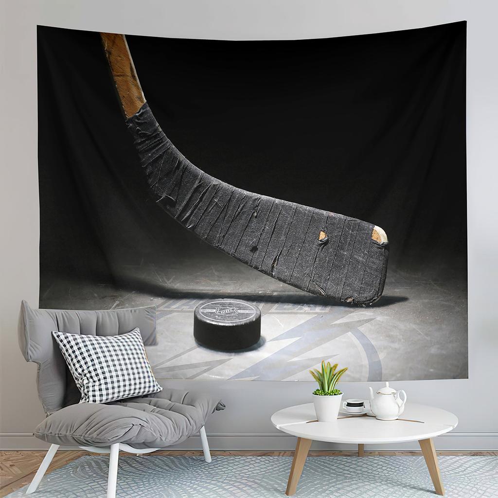 Ice Hockey Player and Puck Tapestry Modern Sport Illustration Tapestry Aesthetic Home Decor Tapestry for Living Room Bedroom