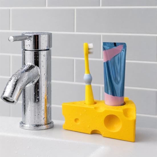 3D Printed Toothpaste Storage Rack, Cheese Shaped Toothbrush Holder, Moisture-Proof Multi-Sized Holes Organizer for Bathroom
