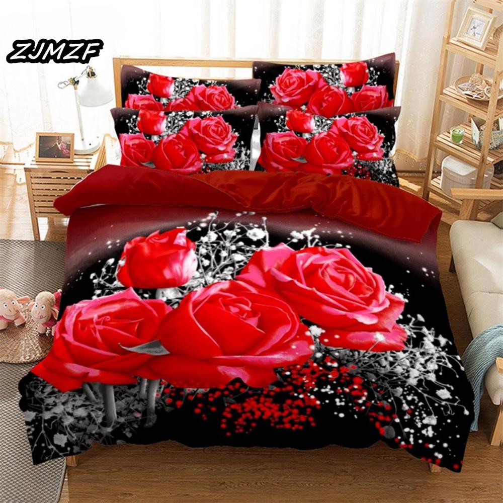 3D Rote Rose Bettwäsche Bettbezug Bettsets für Doppel Ehe Hochzeit Schlafzimmer Bettwäscheset King Valentinstag Steppdeckenbezugset
