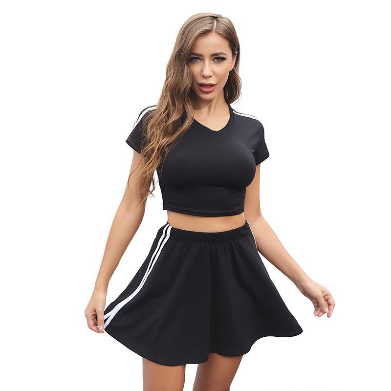 Women Summer Leisure Sports Suit Solid Color Short T-Shirt A-Line Skirt Suit