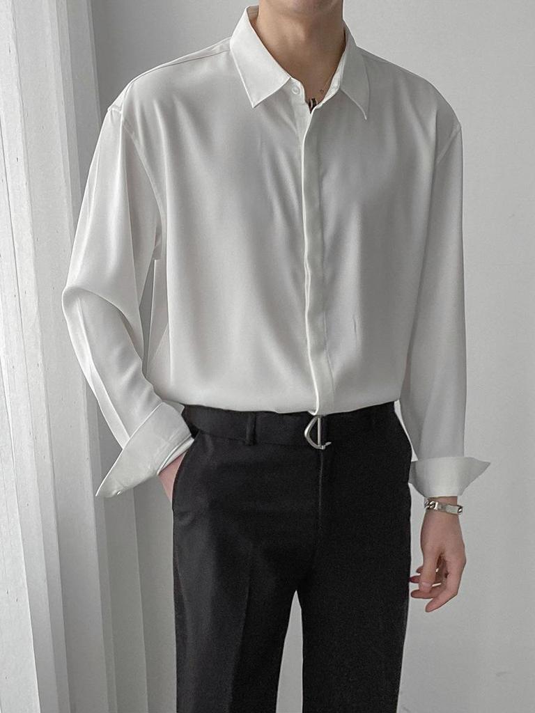 Herren Koreanischer Stil Locker Langärmlig Bügelfrei Drapierhemd - Einfarbig, Trendiges Frühlings- & Herbstoberteil