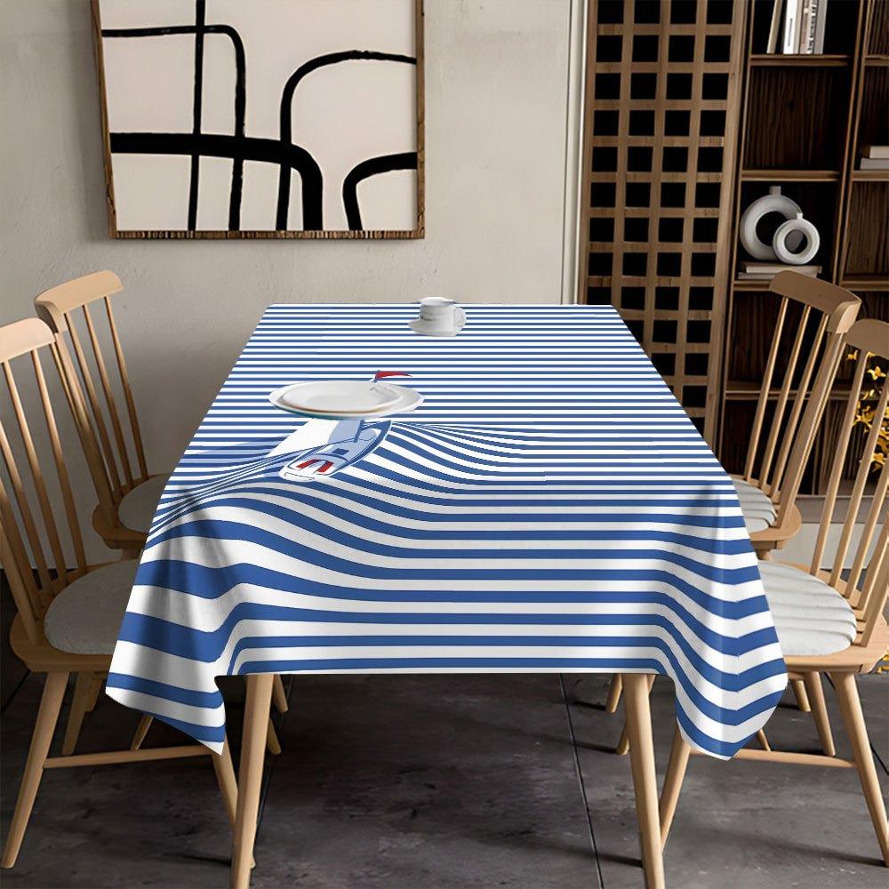 1 Stück Nautisch Blau-Weiß Gestreifter Tischdecke - Strapazierfähiges Polyester, Maschinenwaschbar, Leicht zu Reinigen, Rechteckiges Design mit Segelboot und Anker Motiv