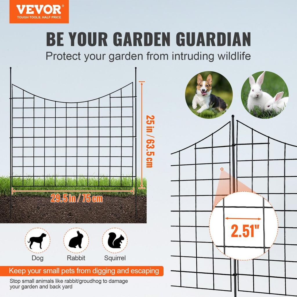 Garden Fence, No Dig Fence 36.6''(H)x29.5''(L) Animal Barrier Fence, Underground Decorative Garden Fencing with 2.5 Inch Spike Spacing, Metal Dog