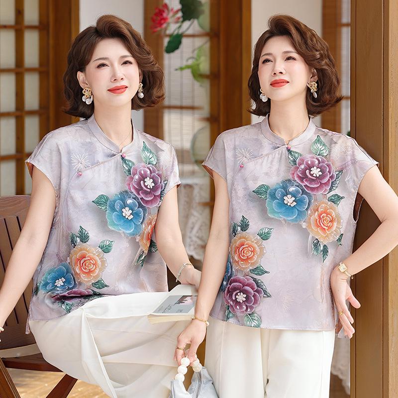 

Chinese-style Frog Button Printed Summer Top for Middle-aged Women 5XL (approx. 140-160 jin)