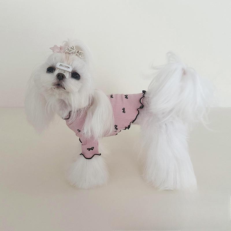 Pet Bow Printed Base Shirt Dog Dress Spring Autumn Bow Flying Sleeve Dress Long Sleeved Base Shirt Dog Clothes for Small Dogs