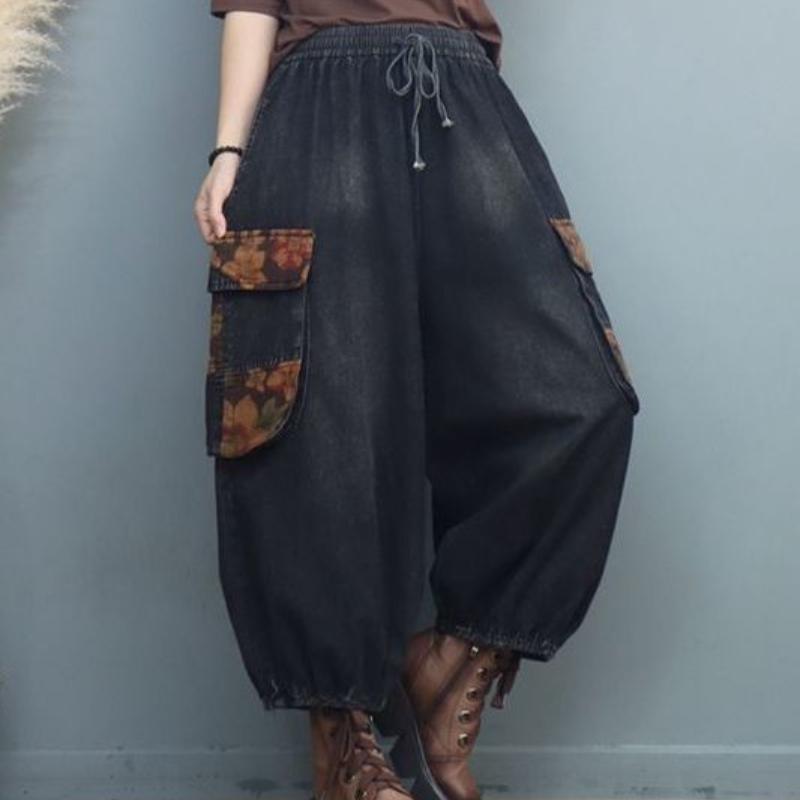 Damen Denim Cargo Hose mit großen Taschen Bedruckte 9/10-Hose Retro Casual Locker Übergröße Gewaschene Weitbein-Hose
