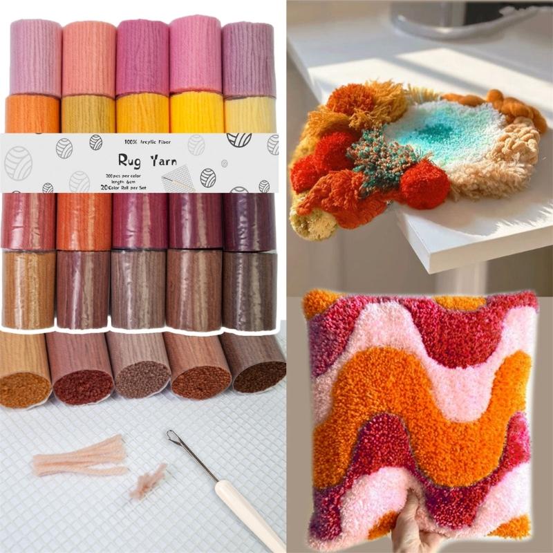20 Color Acrylic Yarn Set With Latching Hook Crochet Needle Mesh Fabric For Beginner Carpet Making Embroidery Craft