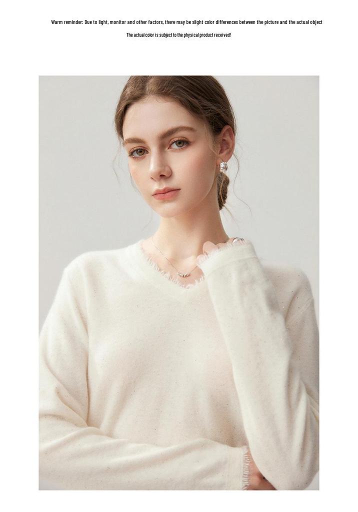 Women's V-Neck Sequin Cashmere Sweater - 2026 Autumn/Winter Collection: Elegant, Loose, Warm, Slimming Base Layer.