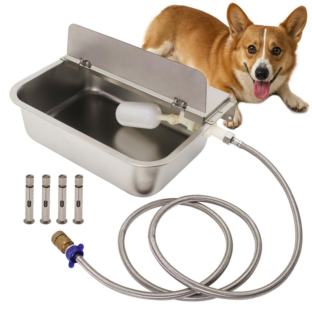 Stainless Steel Wall Mount Auto Fill Dog Water Bowl Automatic Float Valve Pet Water Trough with Flip Cover Large Capacity