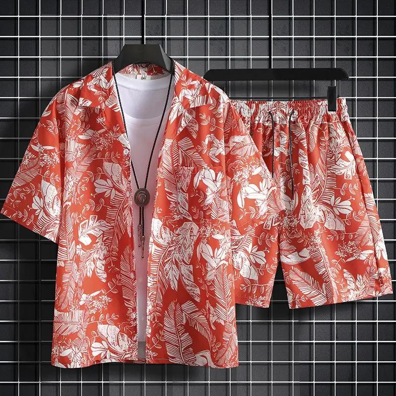 Shirts Man Sets Beach White Outfits 2 Piece Outfit Korean Two Set T-shirts Shorts Suits For Men Chic Stretch Loose Cool Shirts