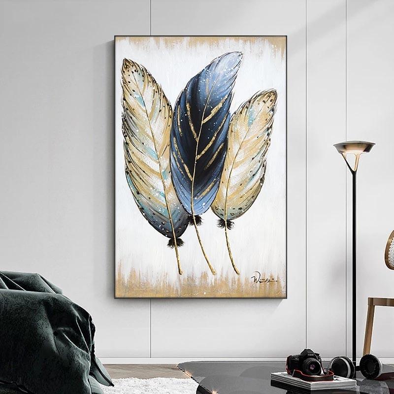 Abstract Golden Feather Art Canvas Painting Modern Posters and Prints Wall Pictures for Cuadros Living Room Home No Frame