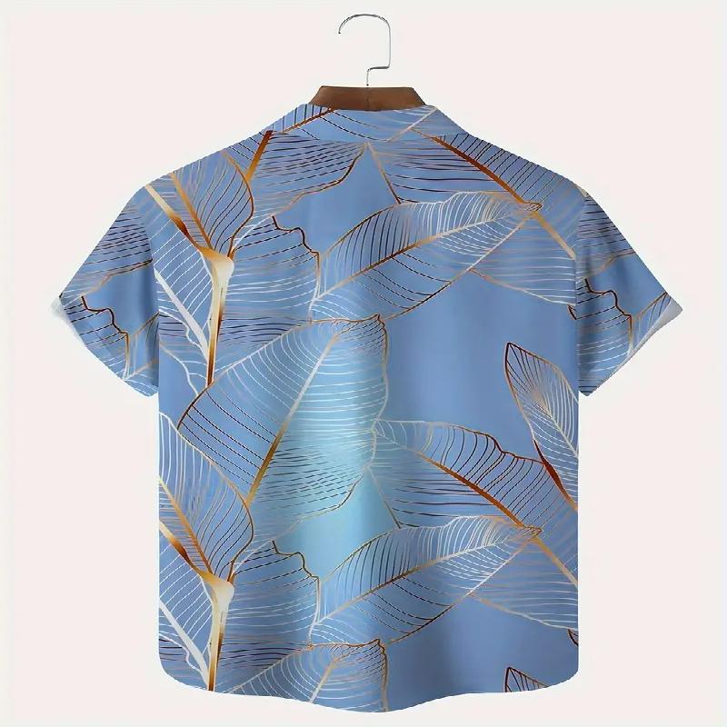 Men's Tropical Leaf Pattern Digital Printed Short Sleeved Shirt with Casual Buttons Made of Polyester Fiber Summer Is Very Suitable for Summer Outings