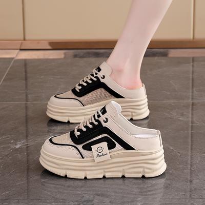 New Half-drag Mesh Women's Shoes 2025 Spring and Summer Breathable Inner Height Increase Platform Casual Shoes Fashion Slippers CY-711