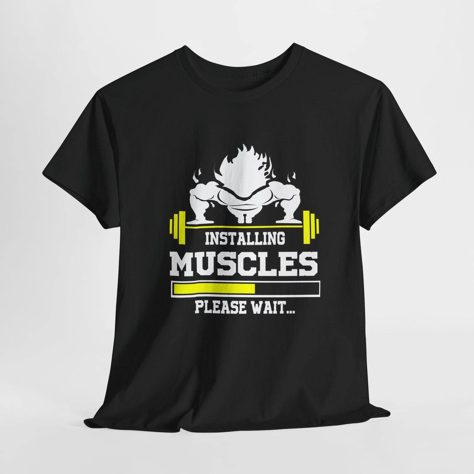 Funny Gym Tee: Installing Muscles, Please Wait Unisex Heavy Cotton Tee, S