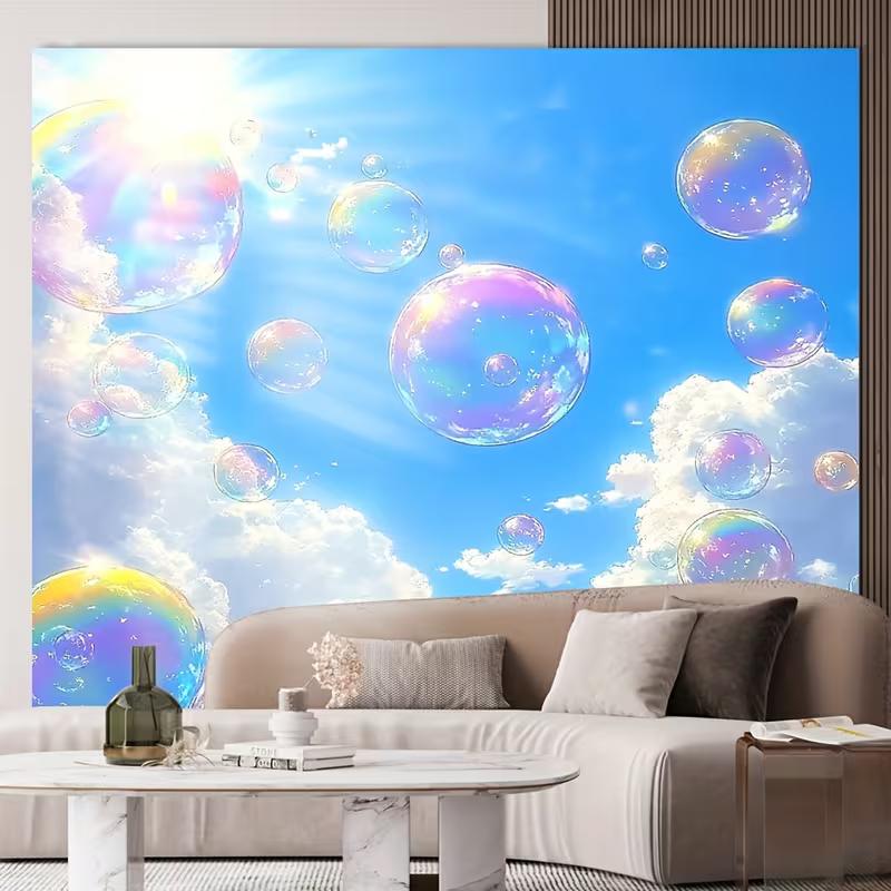 

2D Iridescent Bubble Sky Tapestry, Sunlit Blue Sky & Cloud Scene Backdrop for Bedroom & Studio 47.2x31.5inch/120*80cm