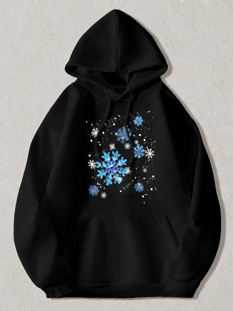 Black Pullover Hoodie with Blue And White Snowflake Print Winter Graphic Sweatshirt with Kangaroo Pocket And Drawstring Hood Casua