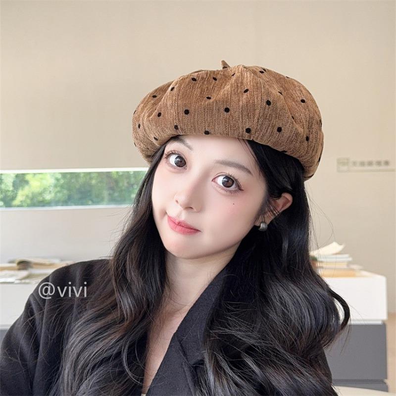 Women Vintage Polka Dot Beret Autumn Winter Versatile Pumpkin Hat