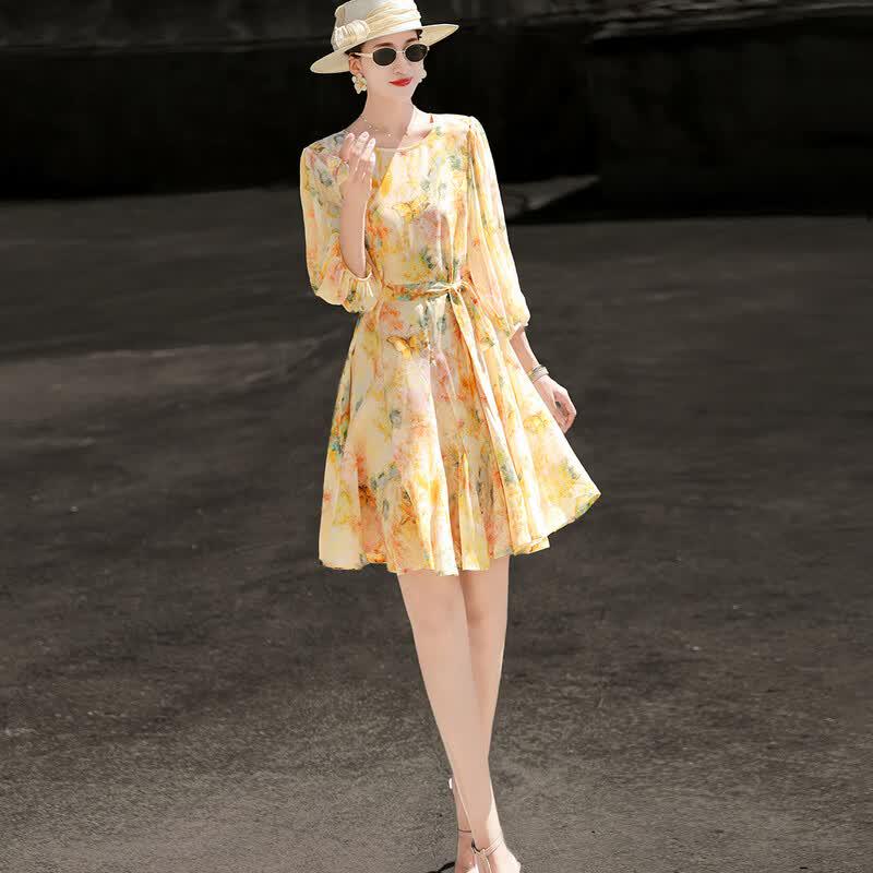 Lanseer Elegant Chiffon Printed Waist-Tie Short Dress