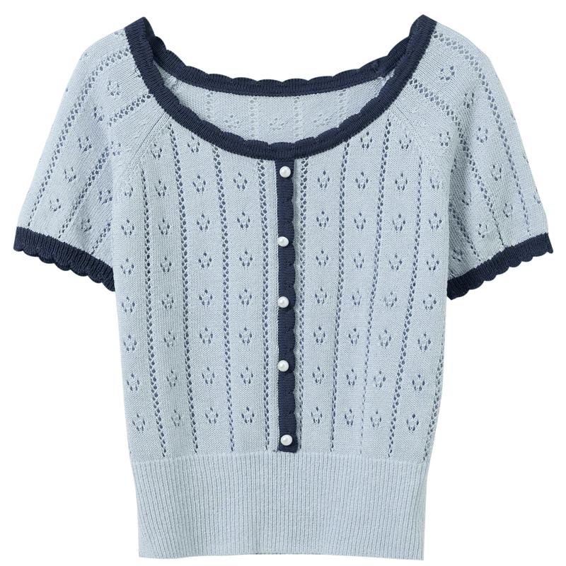

Sancai 2026 Spring Contrast Hollow Knit Pullover M