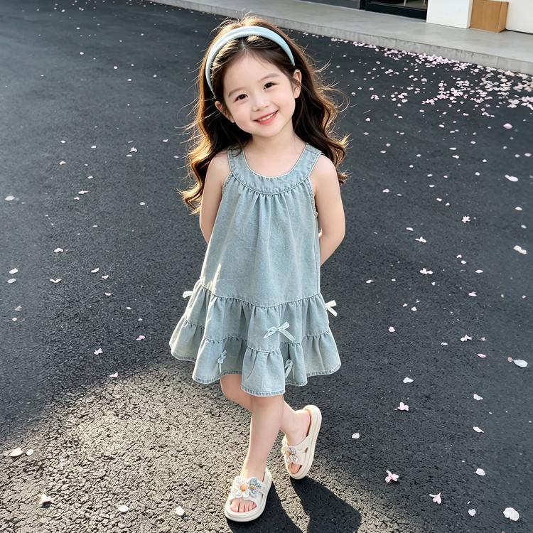Summer Bow-Accent Layered Denim Pinafore Dress for Toddlers and Kids 100 cm