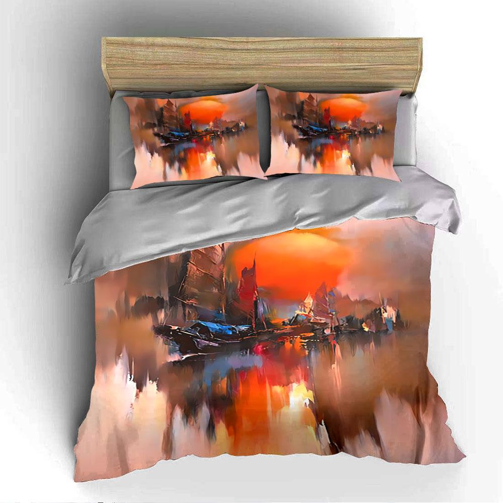Sunset Sailboat Abstract Art Bedding Duvet Cover Set Duvet Cover Pillowcases  (1*Duvet Cover 2*Pillowcases, Without Duvet Insert)