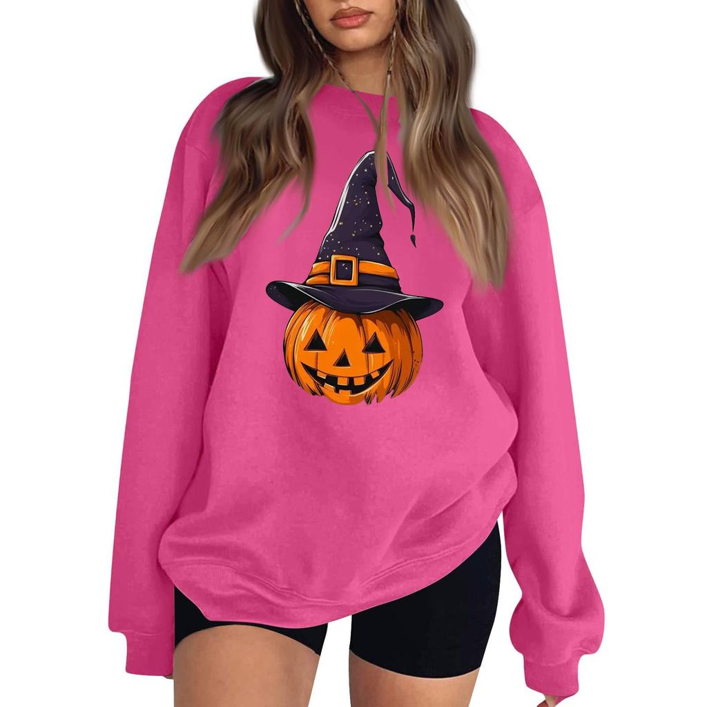Women's Long Sleeve Neck Sweatshirt Loose Fit Casual Pullover Top with Small Halloween Print