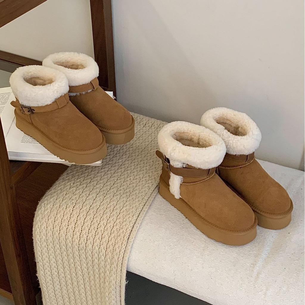 2025 Autumn and Winter New Fashion Versatile Platform Knight Boots Belt Buckle Roll Wool Fur Integrated Snow Boots