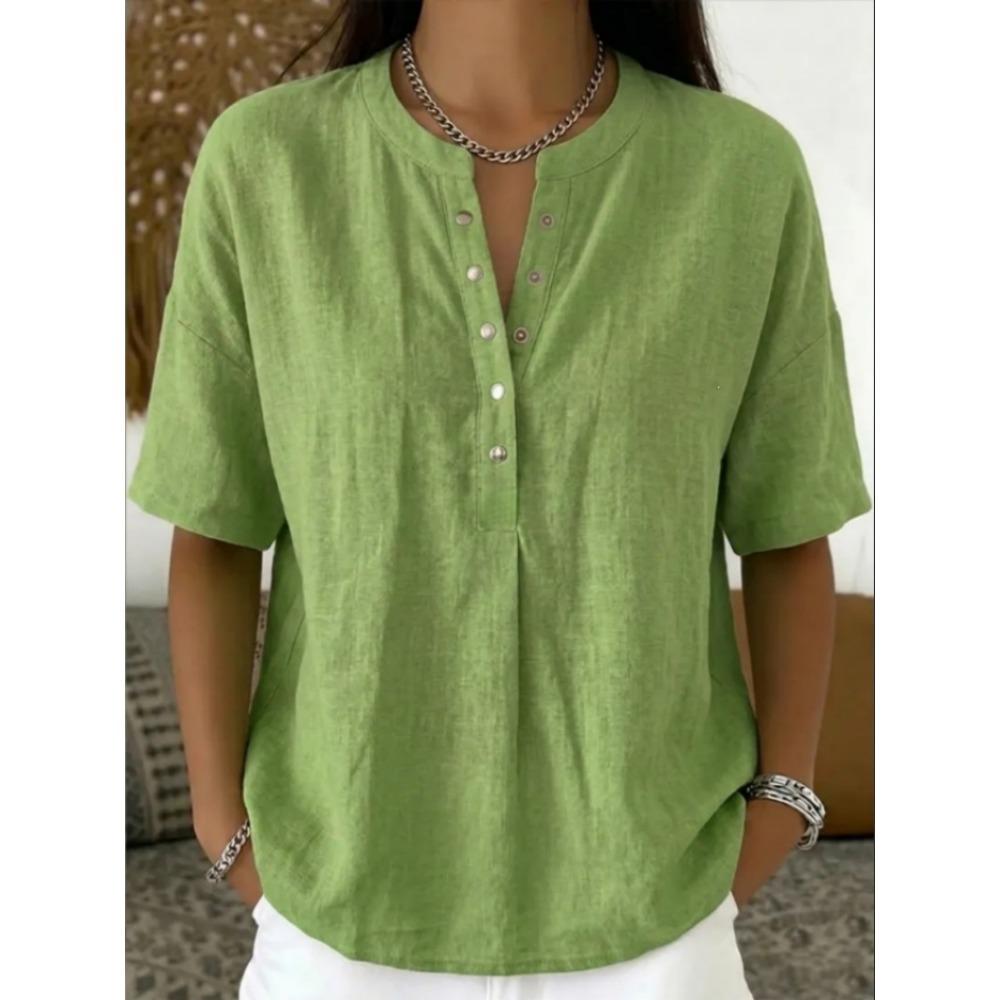 New summer collection: plain, loose-fitting, casual, short-sleeved women’s stand-up collar button-up shirt S светло-зеленый