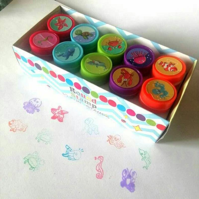 10 Pcs/Box Simple Stamps Toy for Kids Cartoon Animal Self-ink Seal DIY Painting Notebook Decor Gift