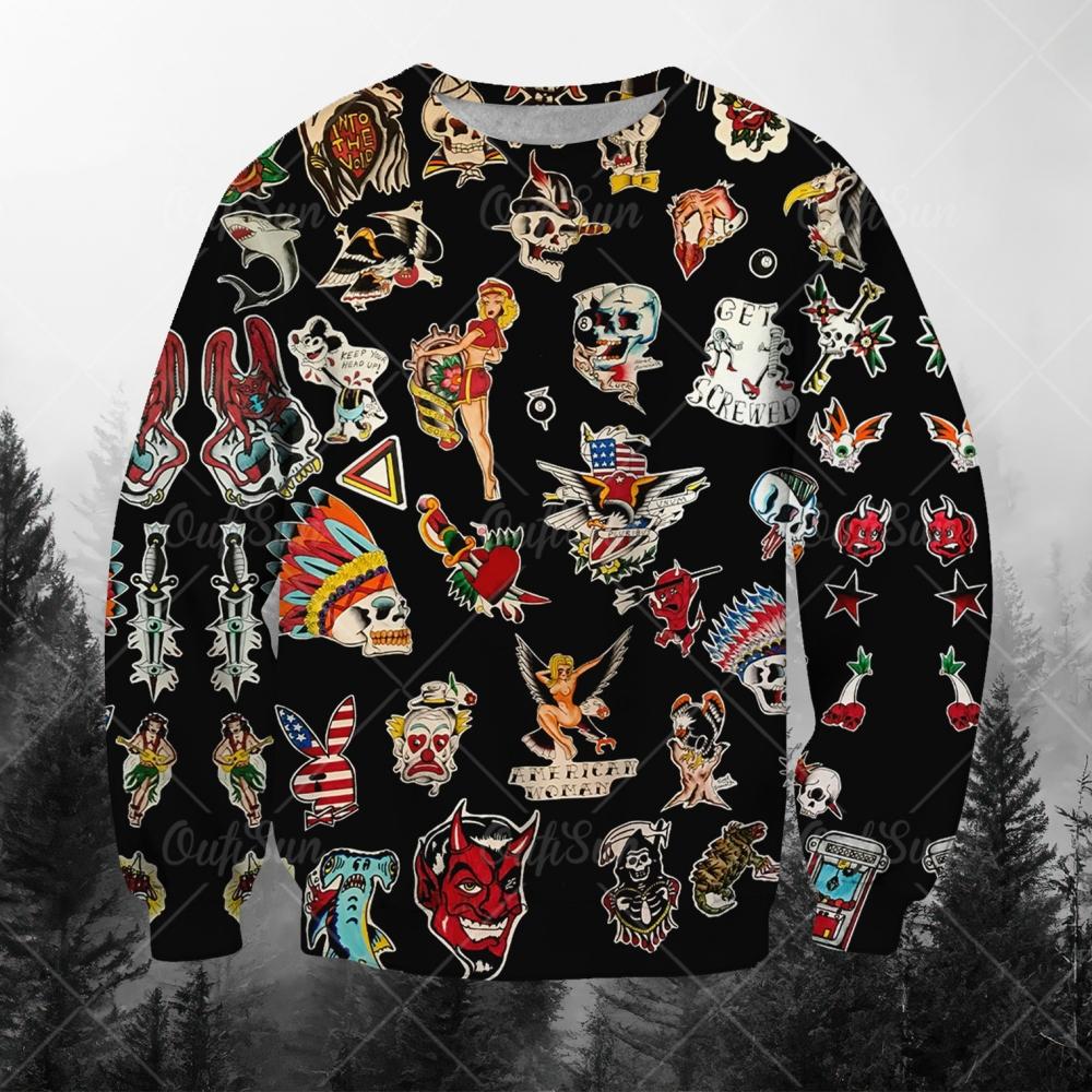 Autumn 3D Vintage Tattoo Printed Hoodies Fashionable Casual Sports Long Sleeved Men's Hoodies
