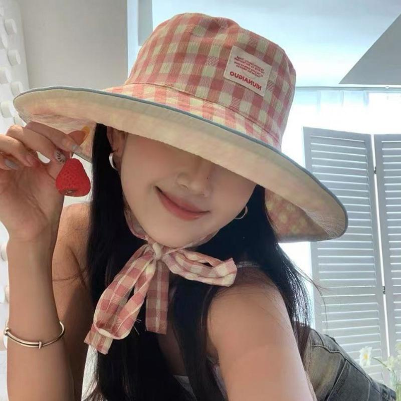Chapeau Bob Plaid Double Face à Bord Large à Lacets Été Extérieur Polyvalent Protection Solaire Doux Couleur Contrastée Plaid Chapeaux pour Femmes