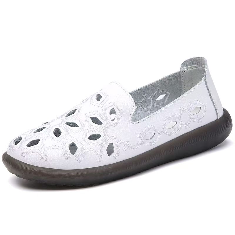 Woman's Summer Leather Hollow Out Embroidered Shoes Round Toe Shallow Slip On Flat Sole Cave Sandals Lightweight Work Shoes