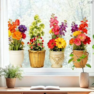 Spring Creative Floral Arrangement Window Stickers, Static Cling Decals for Room Background Wall Decoration