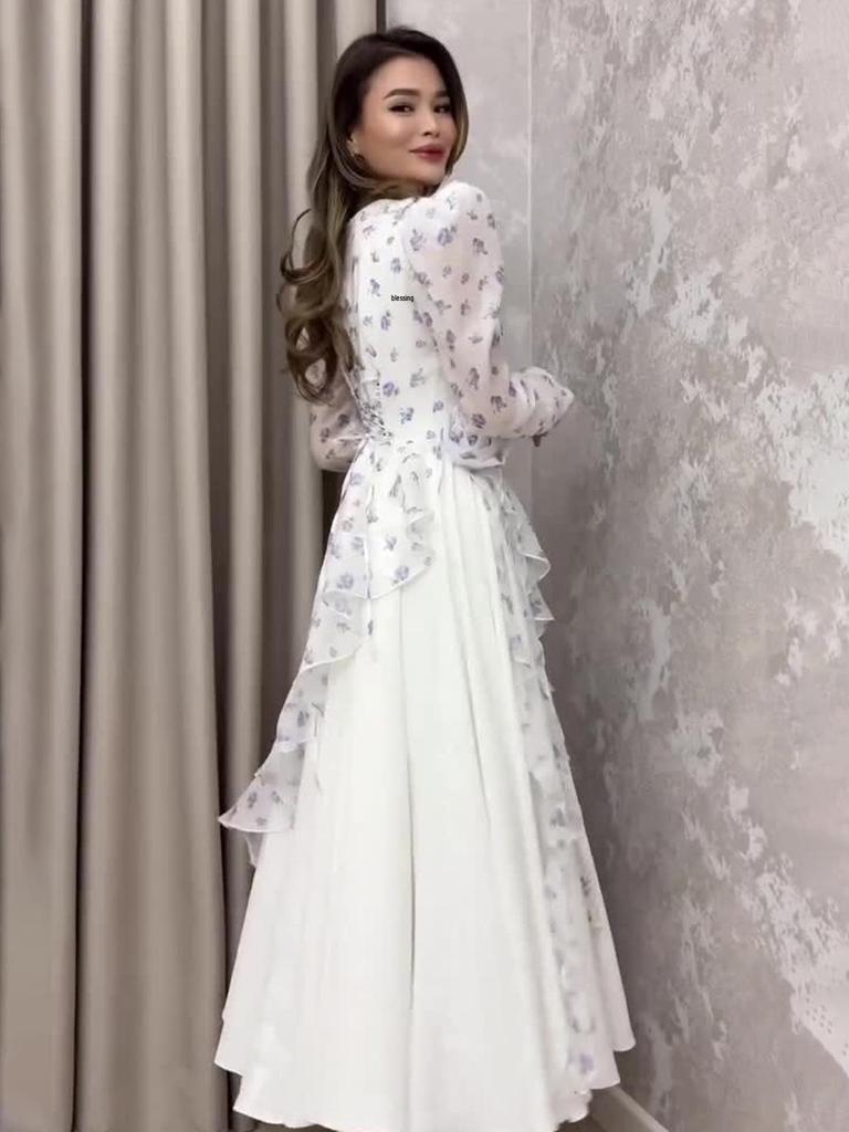 2025 Summer Floral Long Sleeve Maxi Dress - Elegant European & American Style