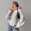 Camisa Branca Sexy Ombro Caído Blusas Femininas Slim Cor Sólida Cintura Marcada Manga Comprida Top Elegante Senhora de Escritório Nova Moda Primavera/Verão 2025