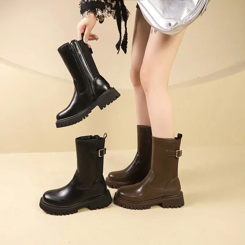 Autumn Winter Women's Chelsea Boots Belt Buckle Side Zippers Female Mid Calf Booties