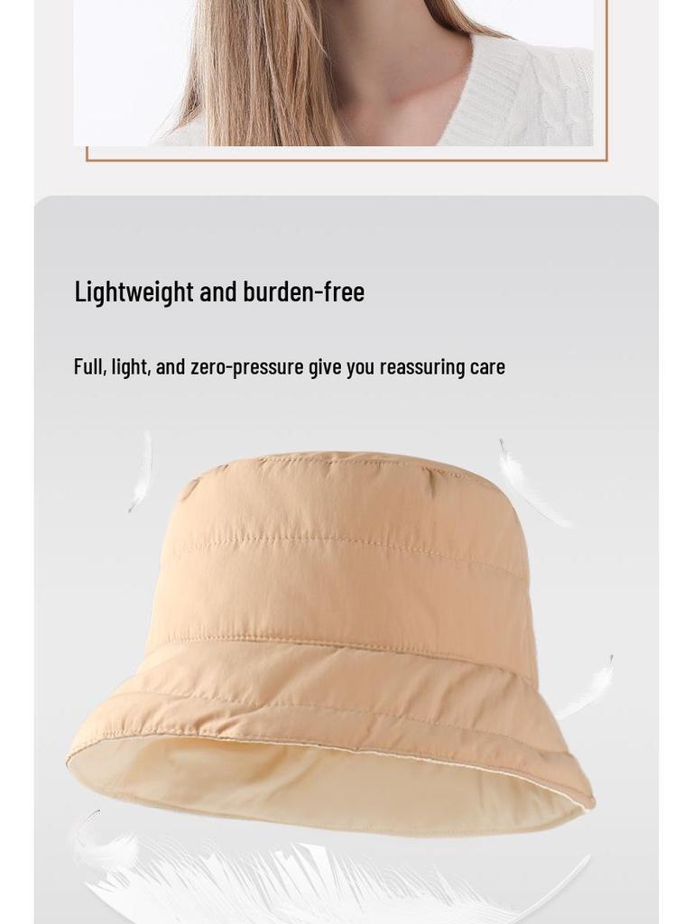 Reversible Korean-Style Down Cotton Bucket Hat for Women - Autumn/Winter Large Brim, Waterproof, Sunshade, Warm.