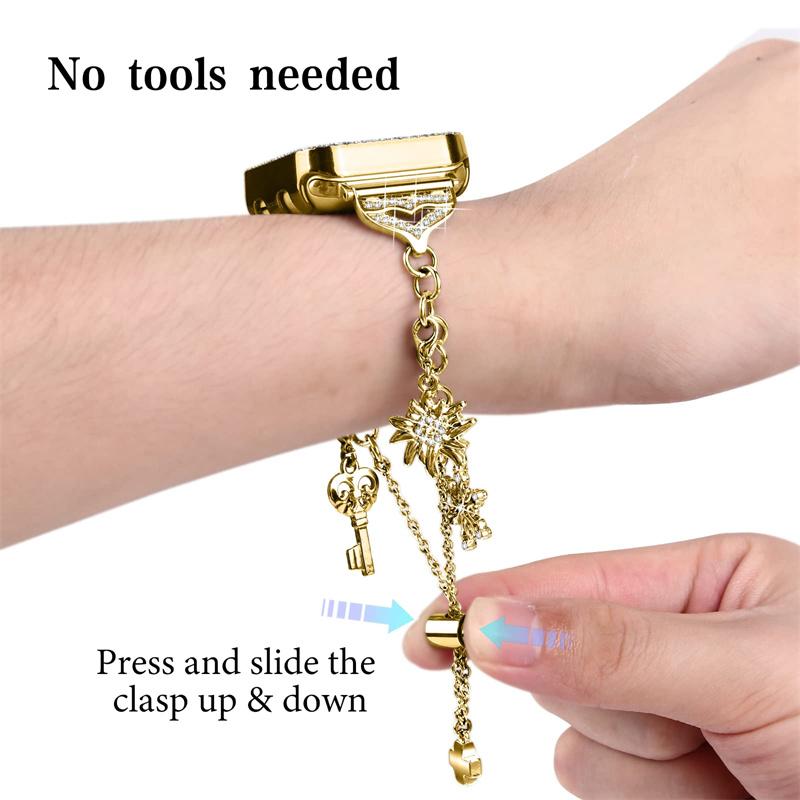 For Apple Watch Series 6/5/4/SE (2022)/SE 40mm Bracelet Watch Band Rhinestone Decor Pendant Metal Strap with PC Half Protective Frame Cover